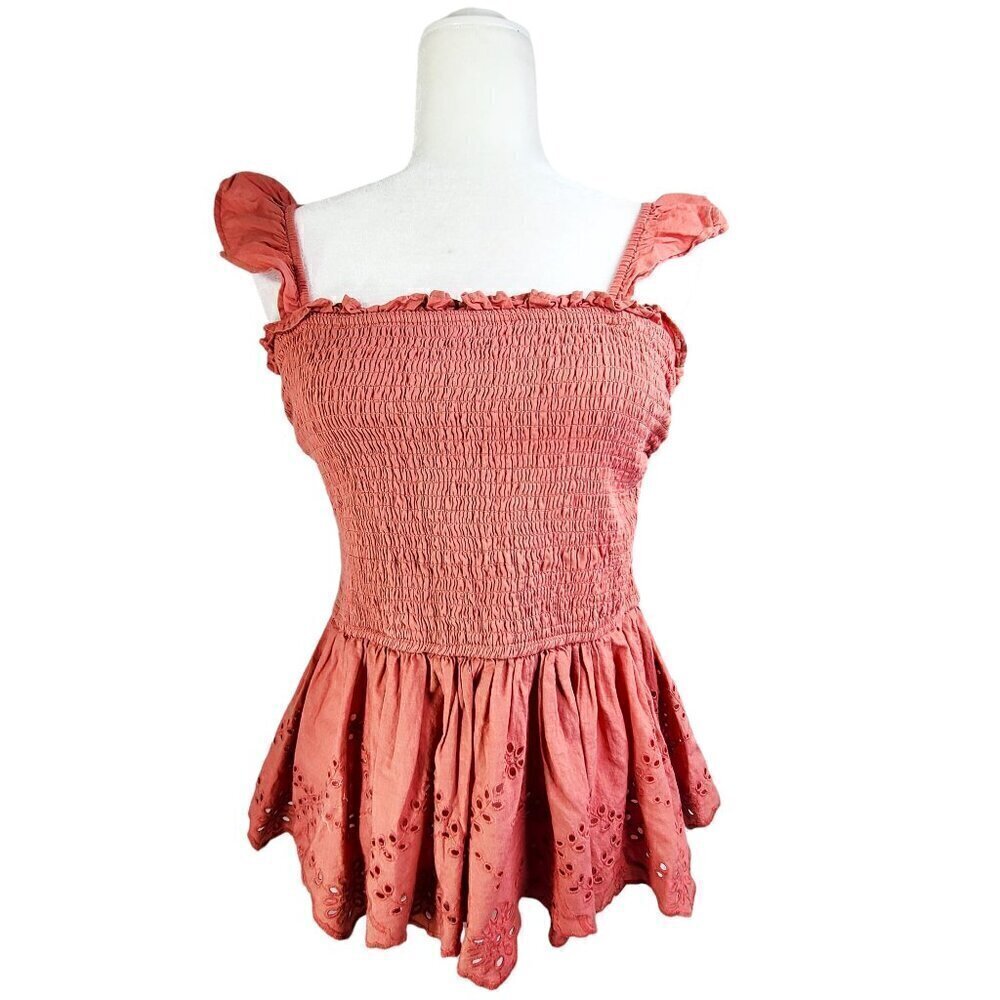 JAPNA Terra Cotta Smocked Boho Peplum Sleeveless Top